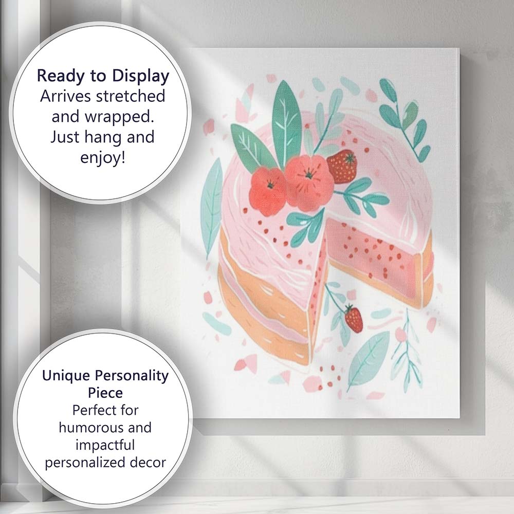 Pink Strawberry Layer Cake Watercolour Dessert Illustration Canvas Wall Art Print Decor Picture Ready to Hang