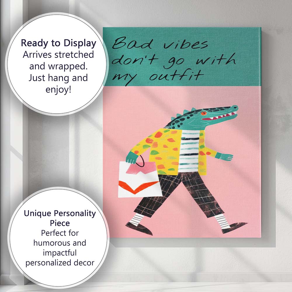 Whimsical Crocodile Shopping Fashion Illustration Canvas Wall Art Print Decor Picture Ready to Hang