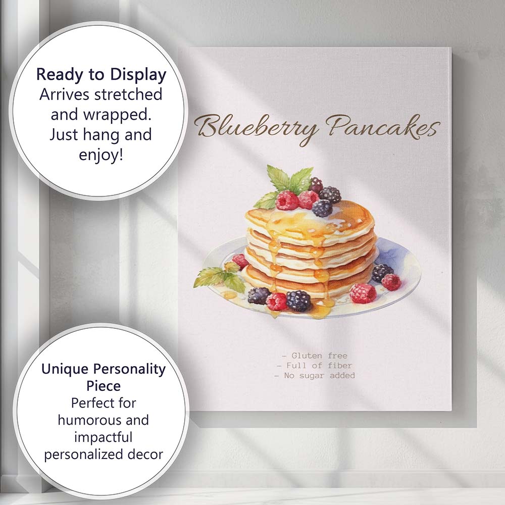 Blueberry Pancakes Breakfast Watercolour Food Illustration Canvas Wall Art Print Decor Picture Ready to Hang