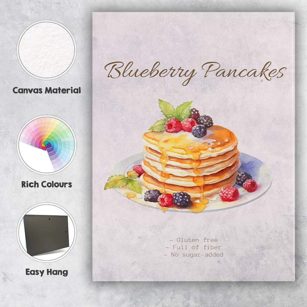 Blueberry Pancakes Breakfast Watercolour Food Illustration Canvas Wall Art Print Decor Picture Ready to Hang