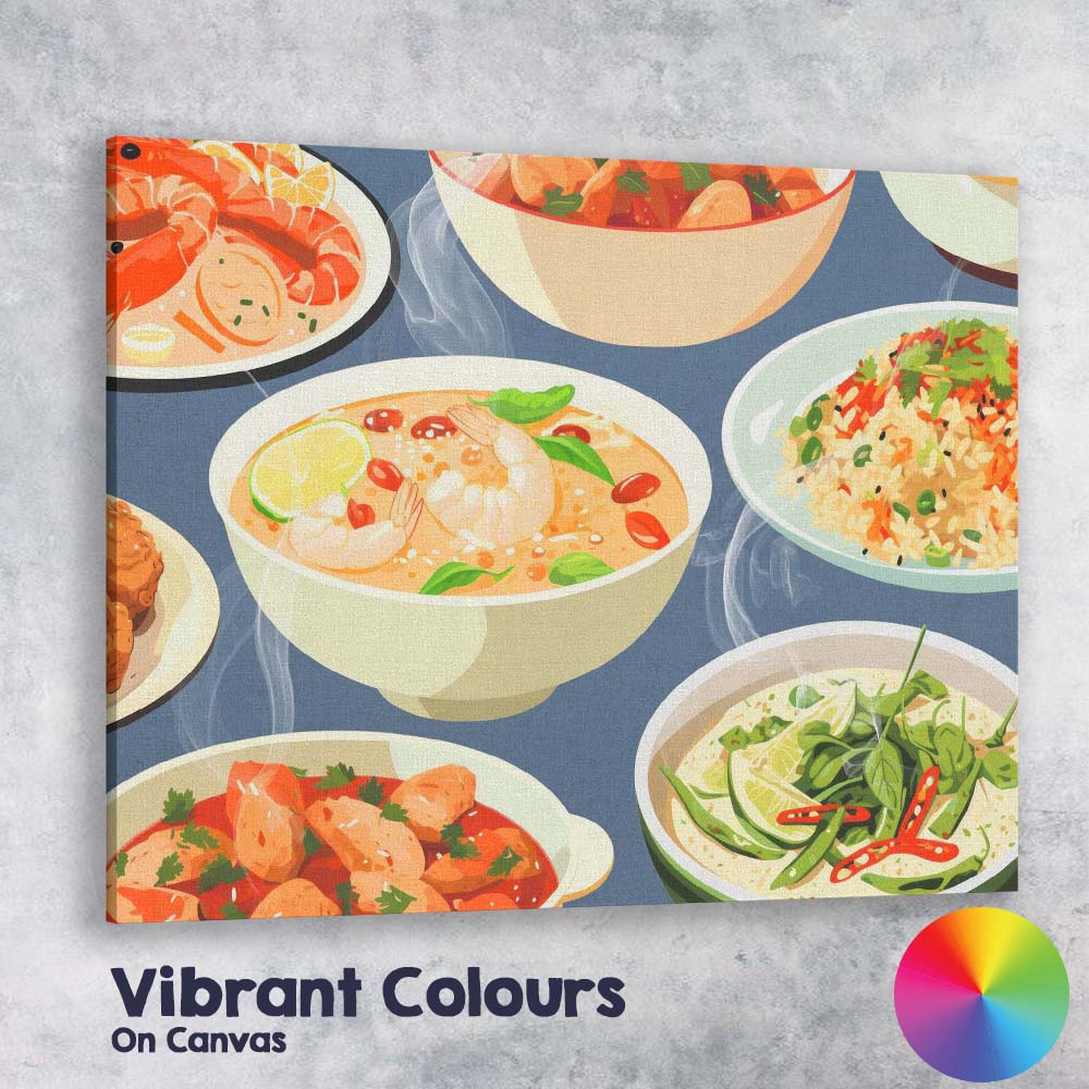 Asian Seafood Curry Rice and Soup Food Pattern Canvas Wall Art Print Decor Picture Ready to Hang