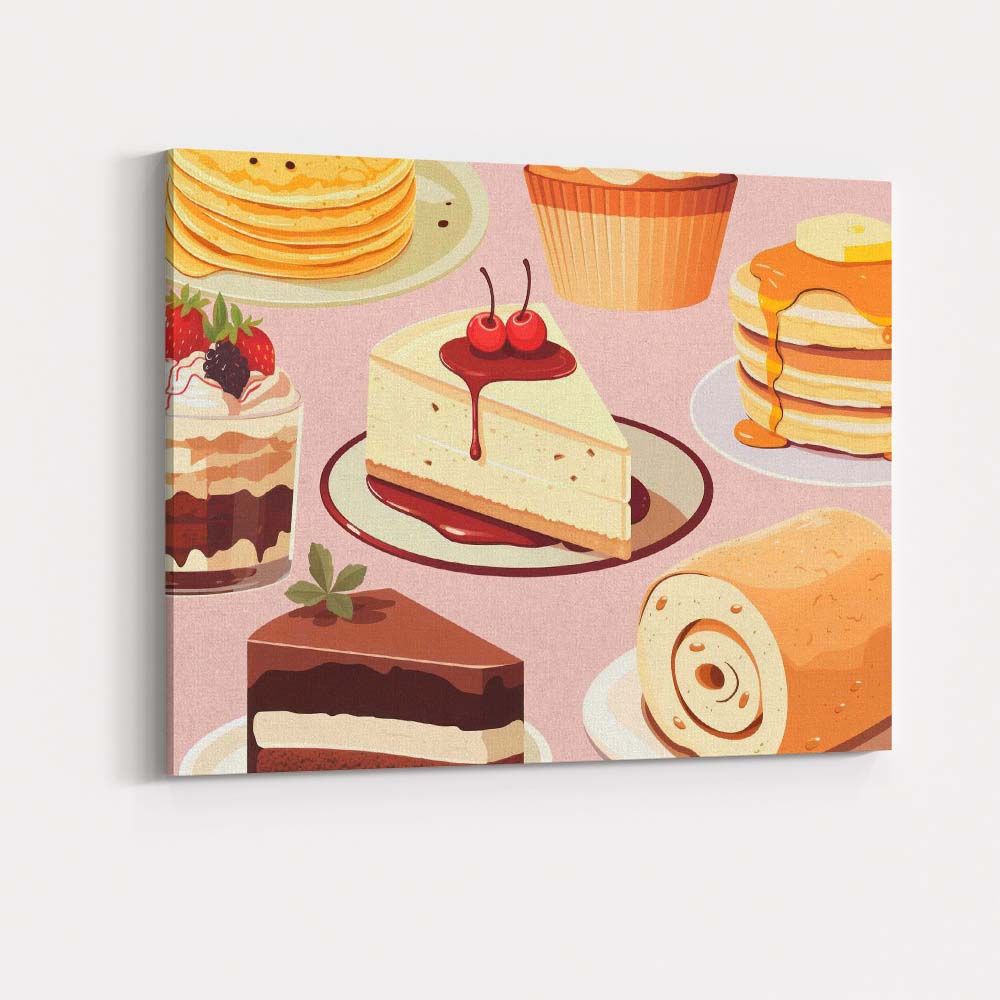 Assorted Cakes Cheesecake Pancakes Dessert Pattern Canvas Wall Art Print Decor Picture Ready to Hang