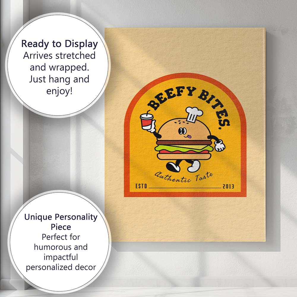 Cute Cartoon Burger Fast Food Mascot Retro Illustration Canvas Wall Art Print Decor Picture Ready to Hang