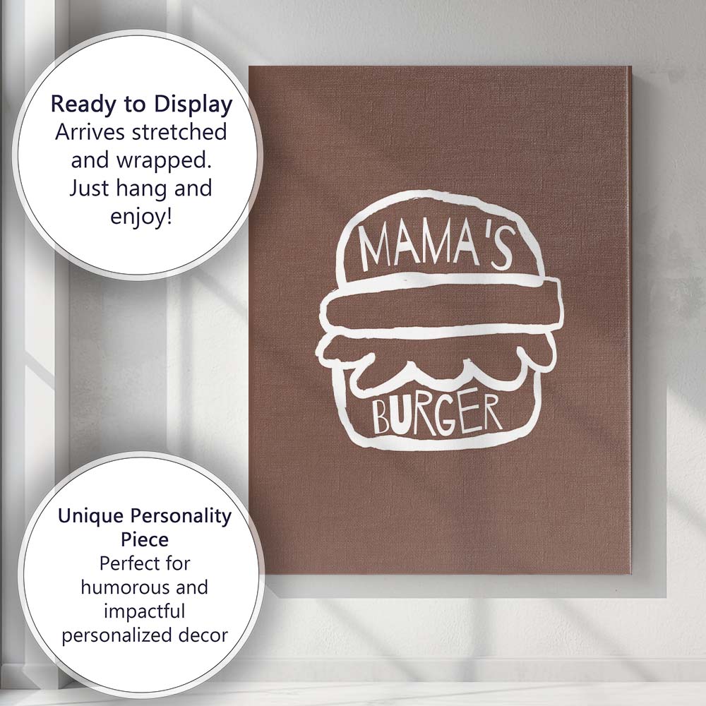 Minimalist Mama Burger Fast Food Typography Illustration Canvas Wall Art Print Decor Picture Ready to Hang