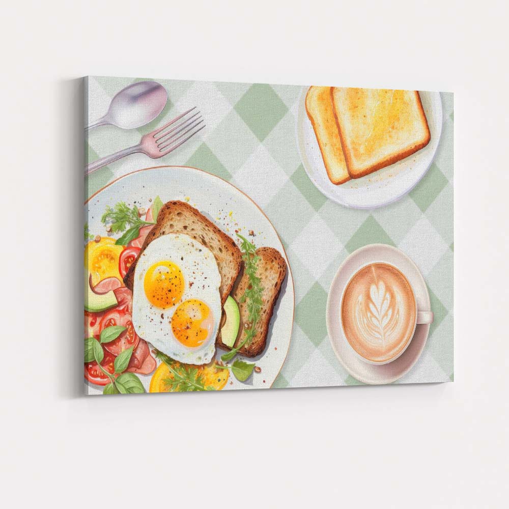 Healthy Breakfast Eggs on Toast Coffee Brunch Watercolour Canvas Wall Art Print Decor Picture Ready to Hang