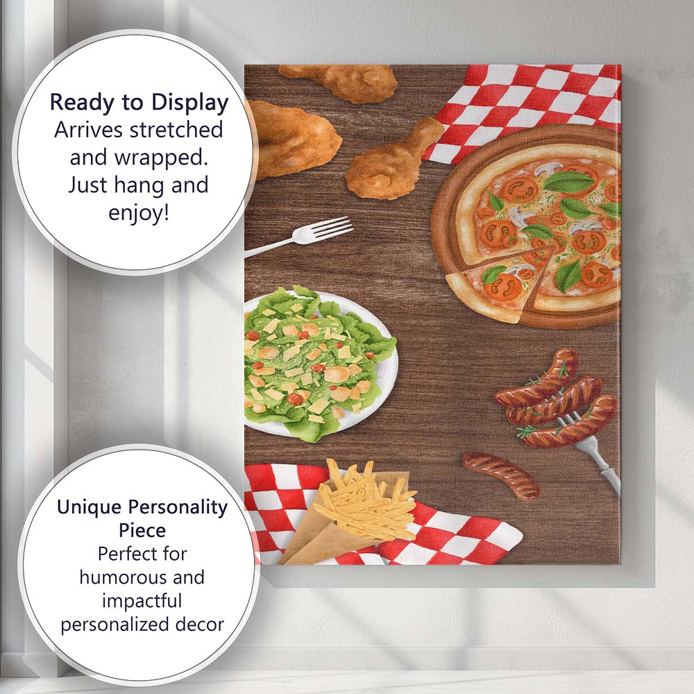 Watercolour Pizza Fried Chicken Sausage and Fries Food Illustration Canvas Wall Art Print Decor Picture Ready to Hang
