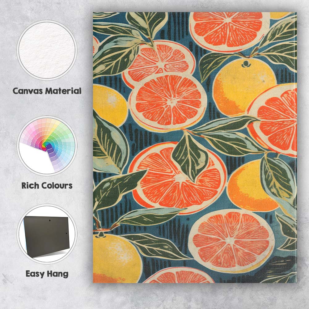Retro Grapefruit and Lemon Botanical Repeat Canvas Wall Art Print Decor Picture Ready to Hang
