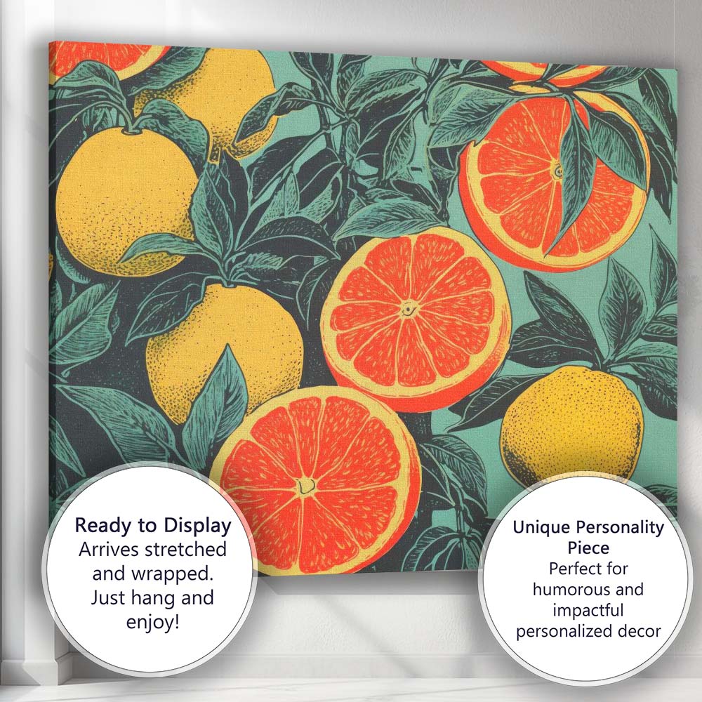 Retro Grapefruit Lemon and Citrus Botanical Pattern Canvas Wall Art Print Decor Picture Ready to Hang