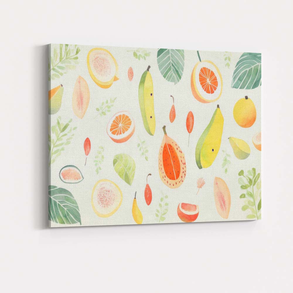 Soft Watercolour Tropical Fruit Botanical Repeat Pattern Canvas Wall Art Print Decor Picture Ready to Hang