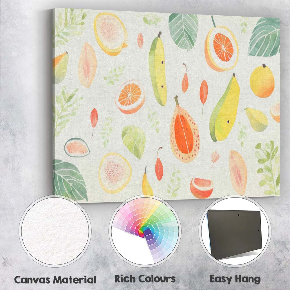 Soft Watercolour Tropical Fruit Botanical Repeat Pattern Canvas Wall Art Print Decor Picture Ready to Hang