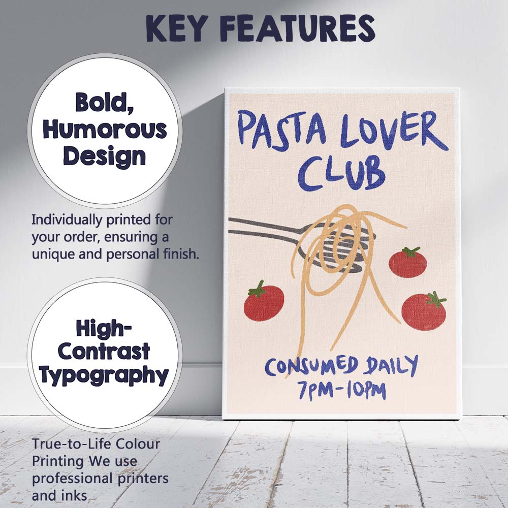Pasta Lover Club Typography Kitchen Canvas Wall Art Print Decor Picture Ready to Hang