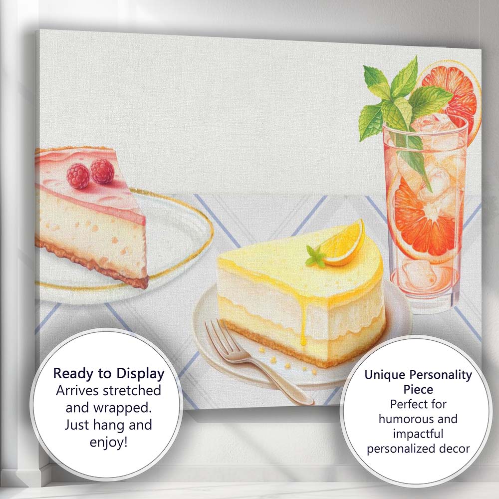Watercolour Citrus Cheesecake Dessert and Grapefruit Cocktail Canvas Wall Art Print Decor Picture Ready to Hang