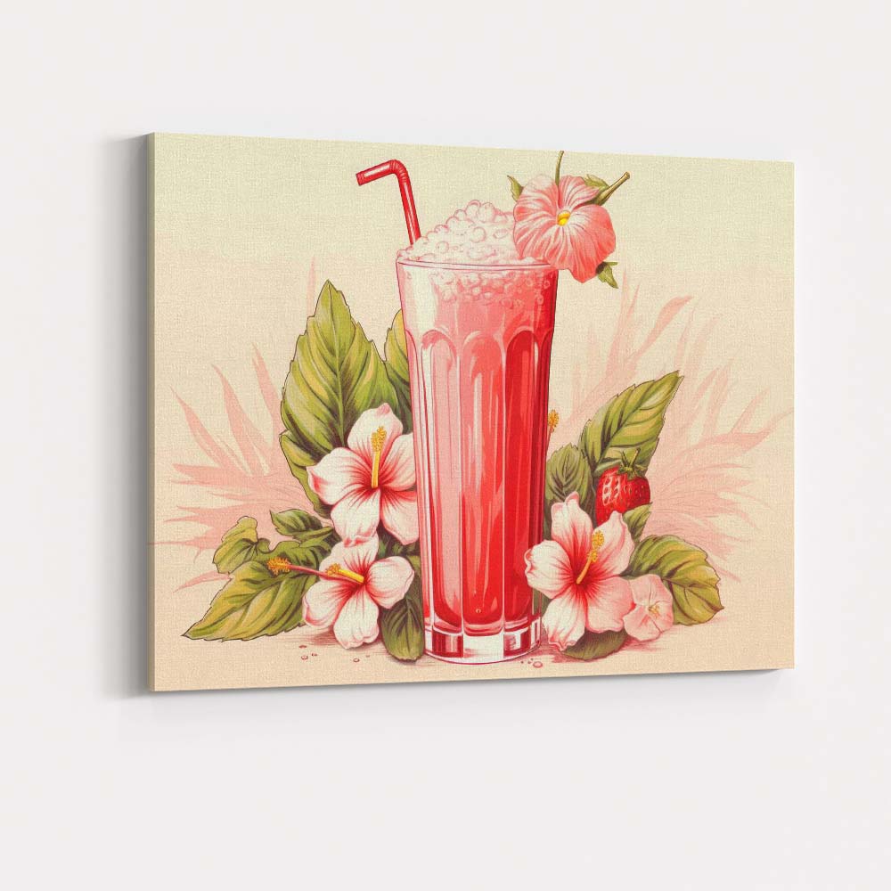 Pink Strawberry Smoothie Hibiscus Tropical Drink Canvas Wall Art Print Decor Picture Ready to Hang