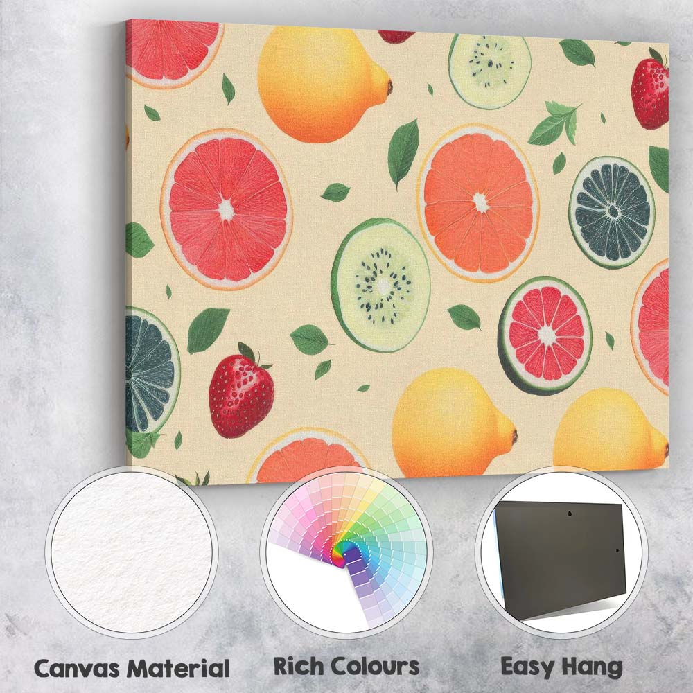 Fresh Citrus Kiwi Strawberry Fruit Repeat Pattern Canvas Wall Art Print Decor Picture Ready to Hang
