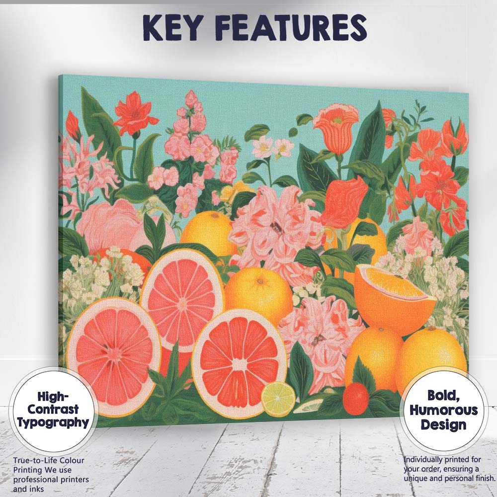 Vibrant Citrus Fruit and Floral Still Life Canvas Wall Art Print Decor Picture Ready to Hang