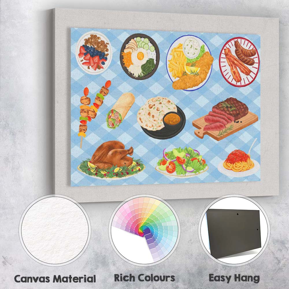 Assorted Gourmet Food Platter Illustration Kitchen Canvas Wall Art Print Decor Picture Ready to Hang