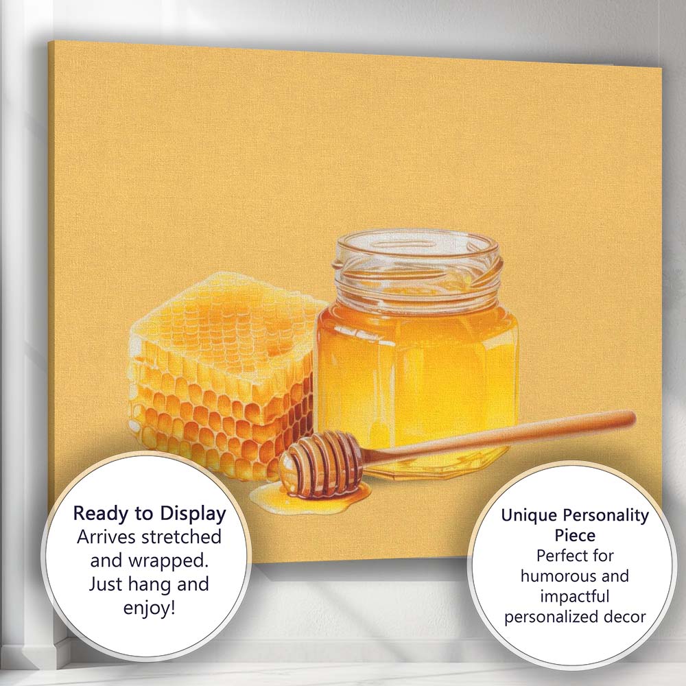 Golden Honey Jar Honeycomb Beekeeping Illustration Canvas Wall Art Print Decor Picture Ready to Hang