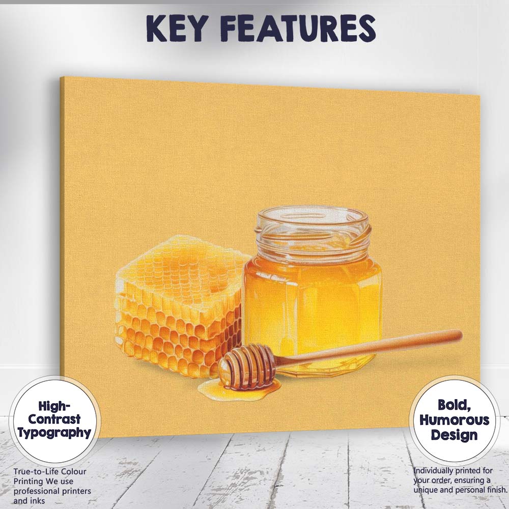 Golden Honey Jar Honeycomb Beekeeping Illustration Canvas Wall Art Print Decor Picture Ready to Hang