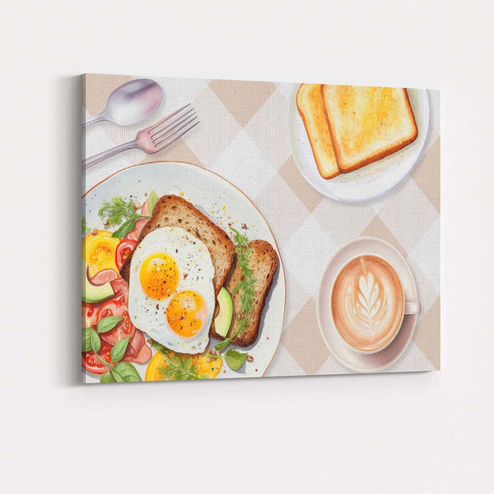 Healthy Breakfast Eggs Toast and Coffee Beige Check Kitchen Canvas Wall Art Print Decor Picture Ready to Hang