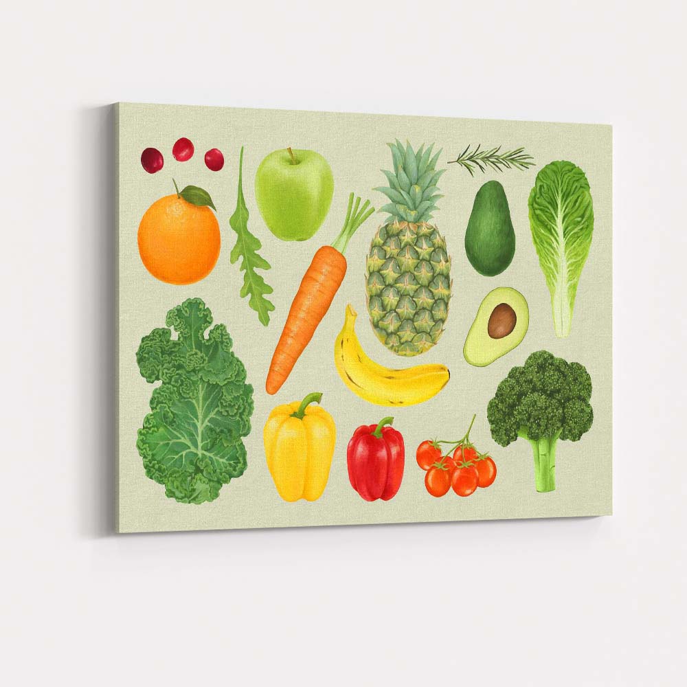 Fresh Fruit and Vegetable Watercolour Healthy Food Collection Canvas Wall Art Print Decor Picture Ready to Hang