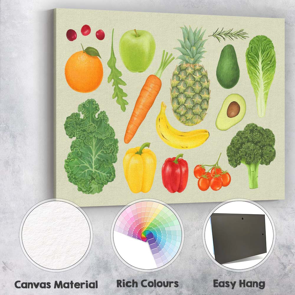 Fresh Fruit and Vegetable Watercolour Healthy Food Collection Canvas Wall Art Print Decor Picture Ready to Hang