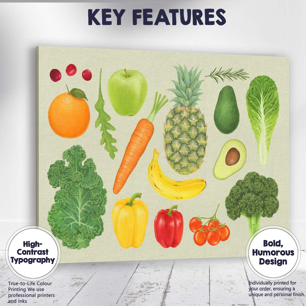 Fresh Fruit and Vegetable Watercolour Healthy Food Collection Canvas Wall Art Print Decor Picture Ready to Hang