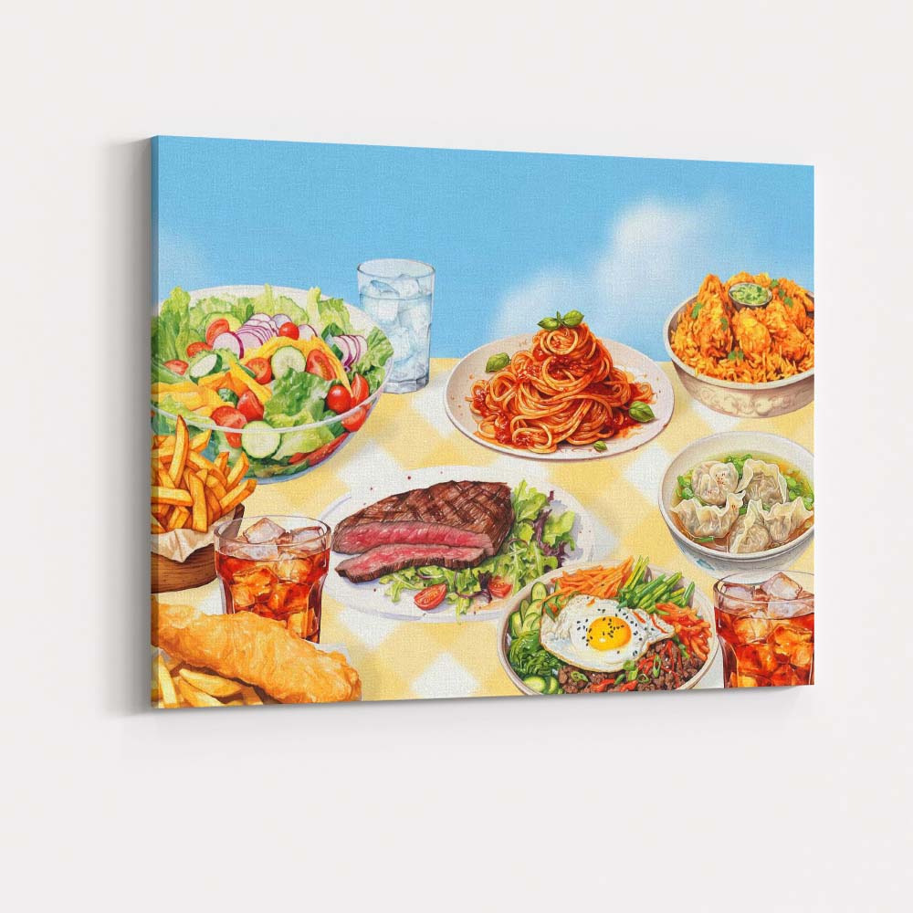 International Cuisine Food Feast Restaurant Table Illustration Canvas Wall Art Print Decor Picture Ready to Hang