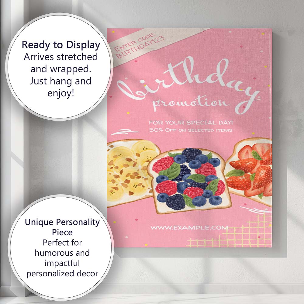 Pink Birthday Breakfast Toast Promotion Poster Canvas Wall Art Print Decor Picture Ready to Hang