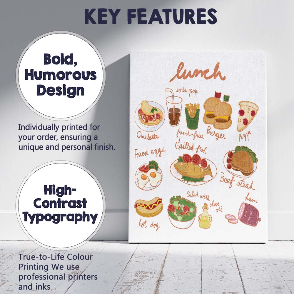 Hand Drawn Lunch Menu Food Illustration Kitchen Poster Canvas Wall Art Print Decor Picture Ready to Hang