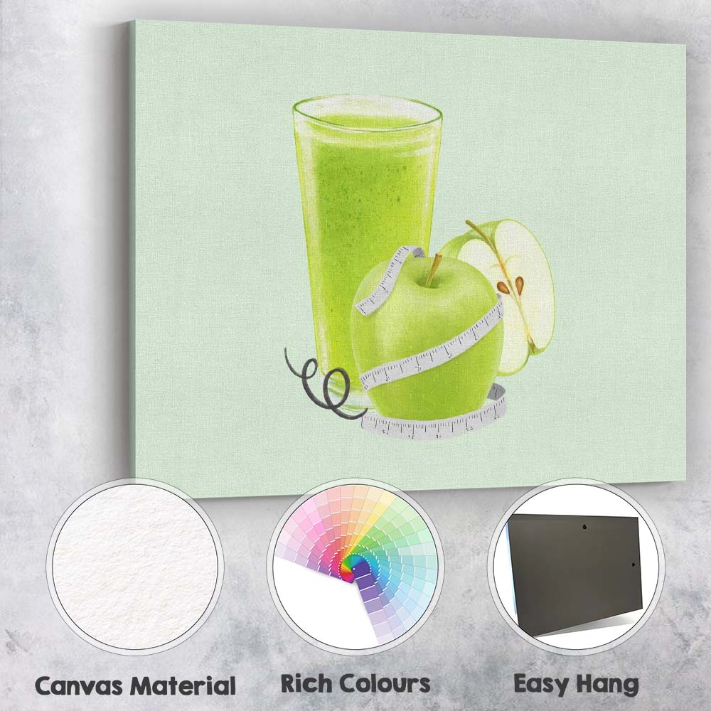 Healthy Green Apple Smoothie Watercolour Fruit Illustration Canvas Wall Art Print Decor Picture Ready to Hang