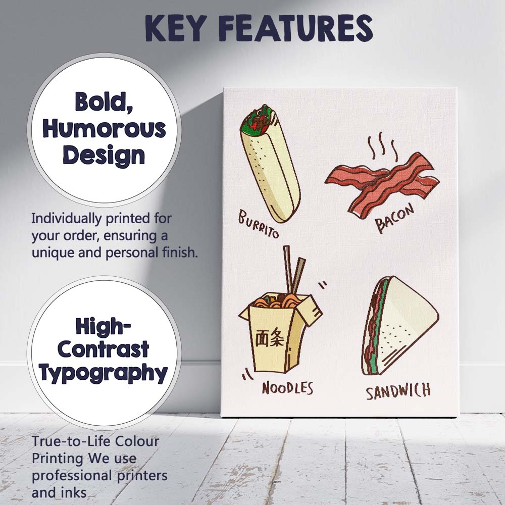Colourful Fast Food Burrito Bacon Noodles Sandwich Illustration Canvas Wall Art Print Decor Picture Ready to Hang