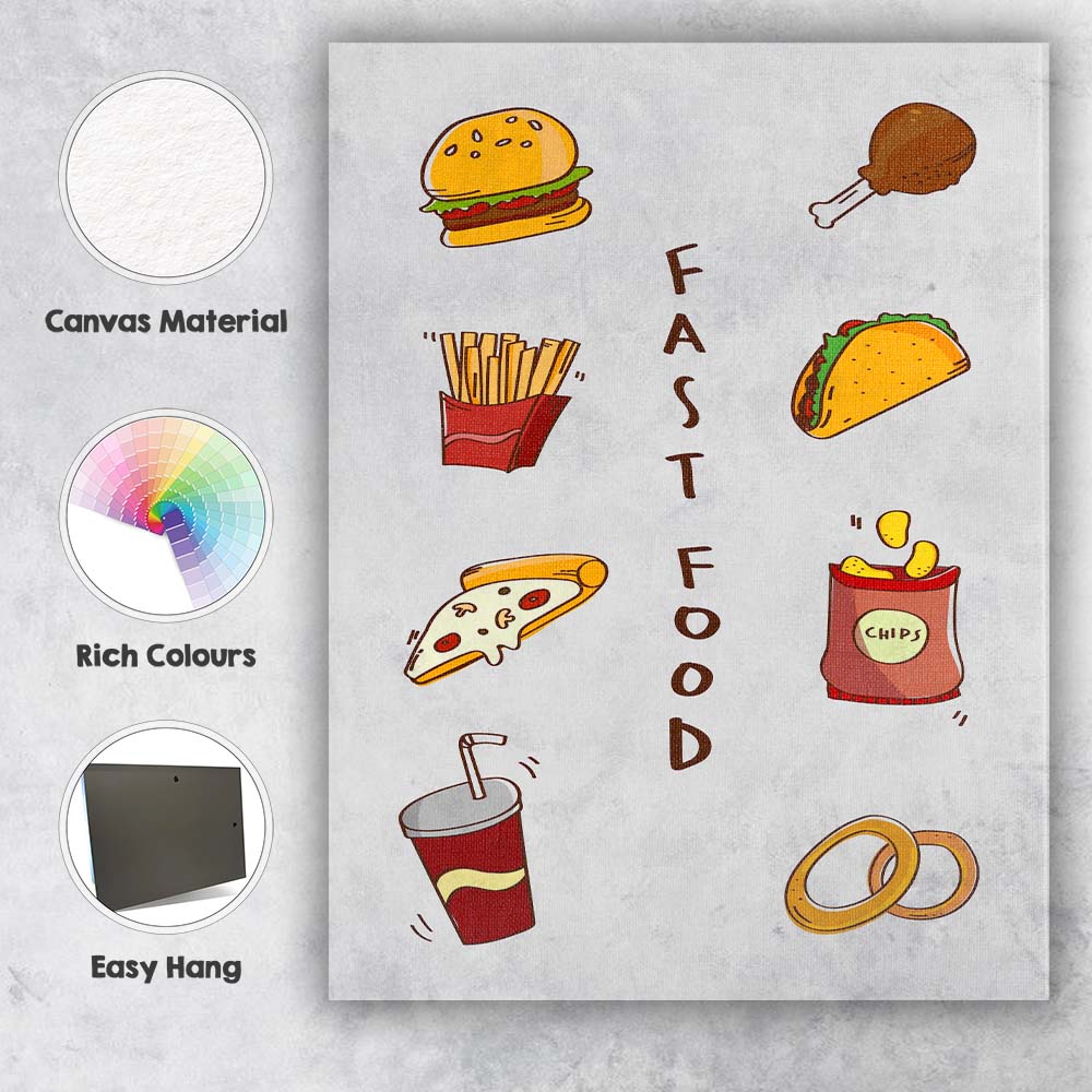 Colourful Fast Food Icons Burger Taco Pizza Fries Illustration Canvas Wall Art Print Decor Picture Ready to Hang