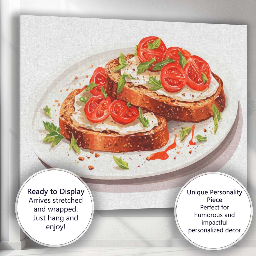 Tomato Bruschetta Toast Watercolour Italian Food Illustration Canvas Wall Art Print Decor Picture Ready to Hang