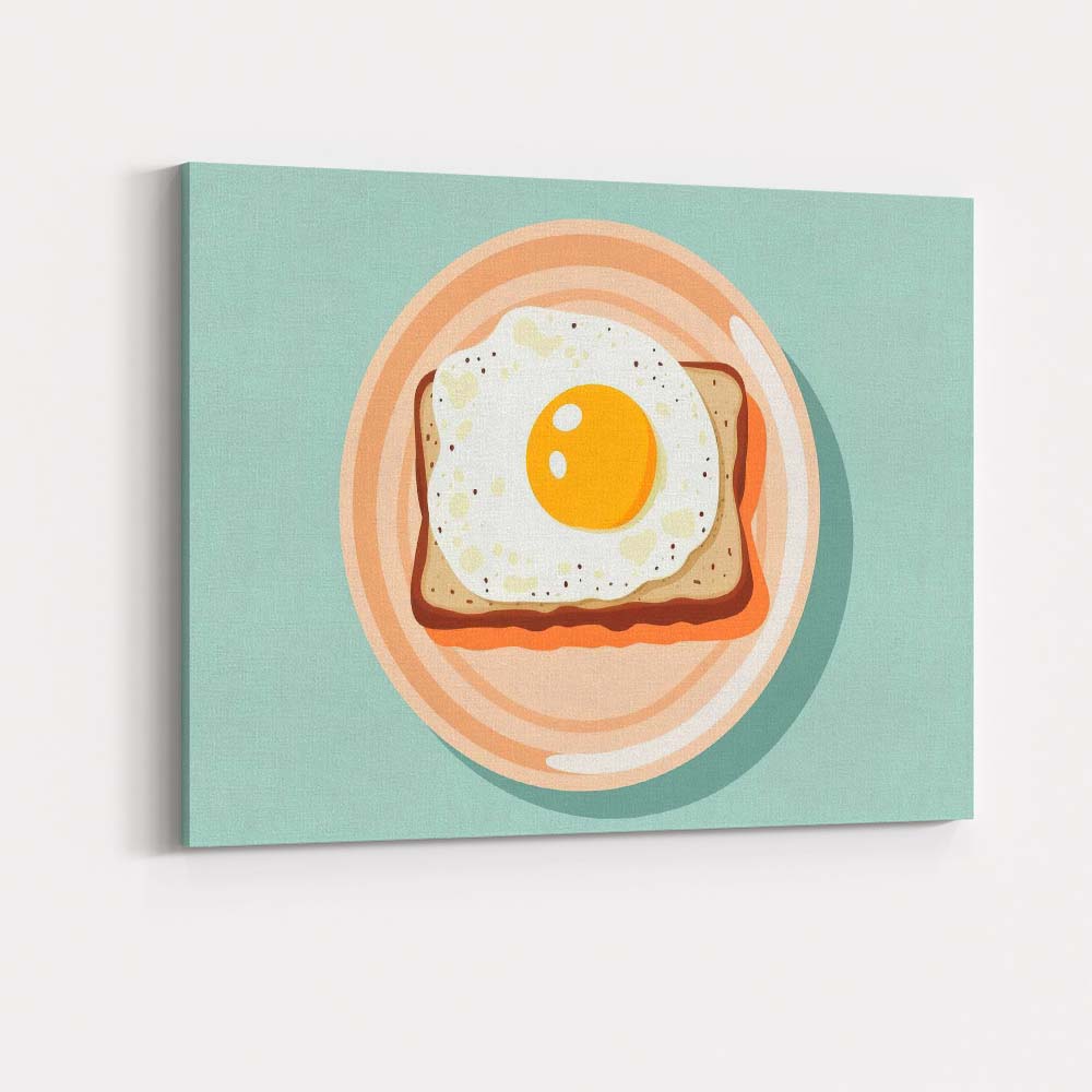 Minimalist Fried Egg Toast Breakfast Flat Lay Illustration Canvas Wall Art Print Decor Picture Ready to Hang