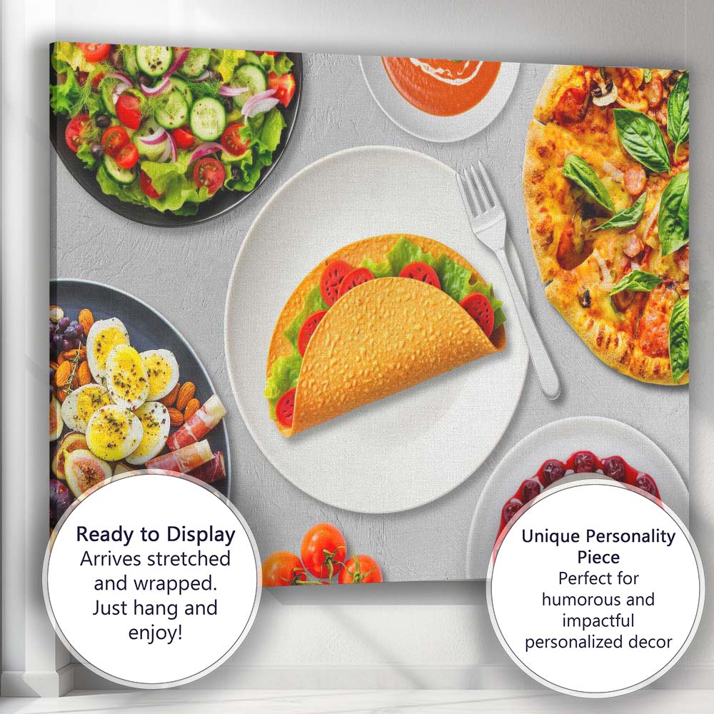 Gourmet Taco Pizza Salad Healthy Meal Flat Lay Canvas Wall Art Print Decor Picture Ready to Hang