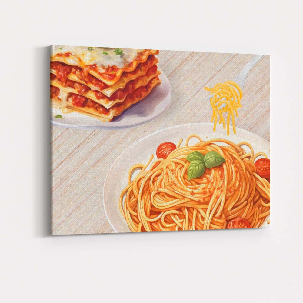 Italian Spaghetti Pasta and Lasagne Watercolour Food Illustration Canvas Wall Art Print Decor Picture Ready to Hang