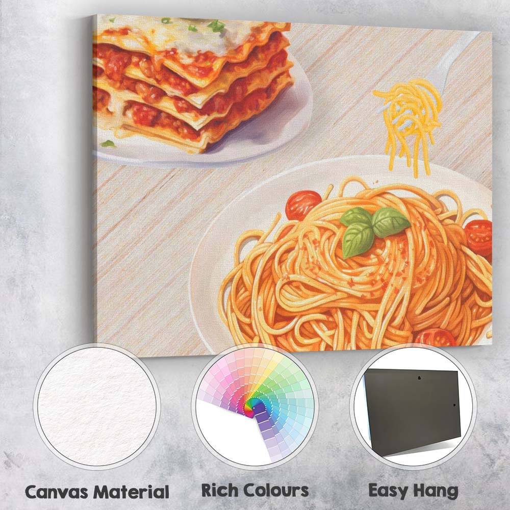 Italian Spaghetti Pasta and Lasagne Watercolour Food Illustration Canvas Wall Art Print Decor Picture Ready to Hang