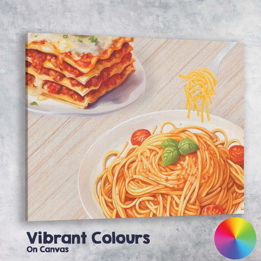 Italian Spaghetti Pasta and Lasagne Watercolour Food Illustration Canvas Wall Art Print Decor Picture Ready to Hang
