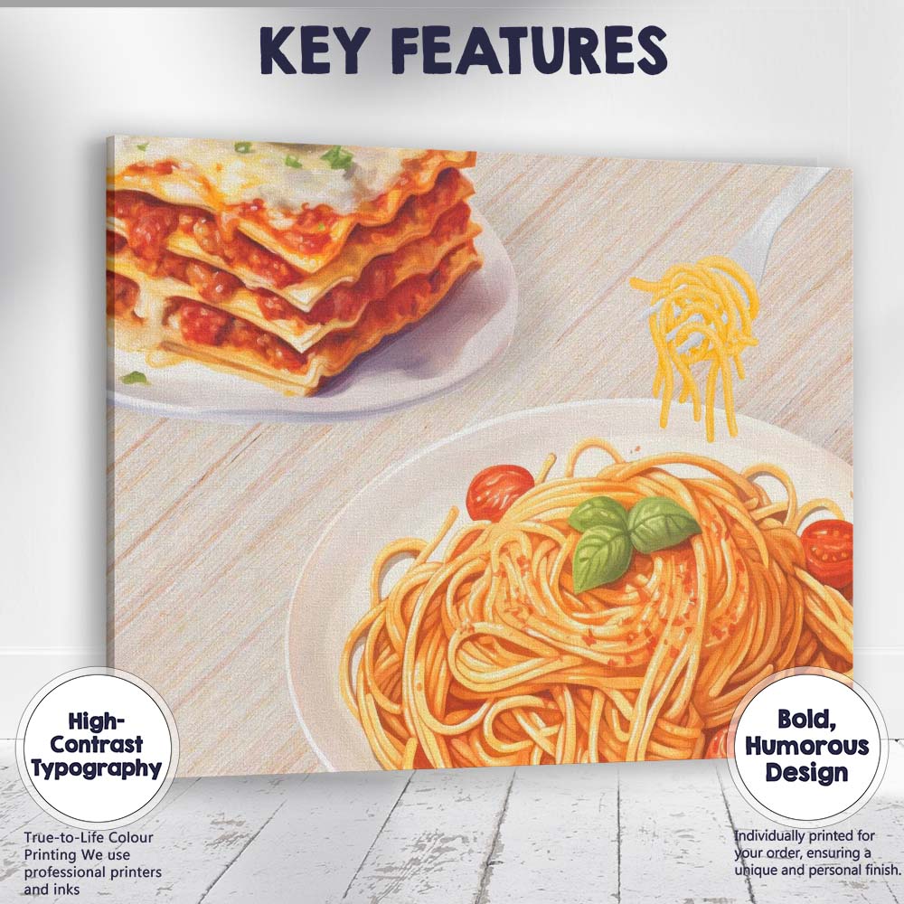 Italian Spaghetti Pasta and Lasagne Watercolour Food Illustration Canvas Wall Art Print Decor Picture Ready to Hang