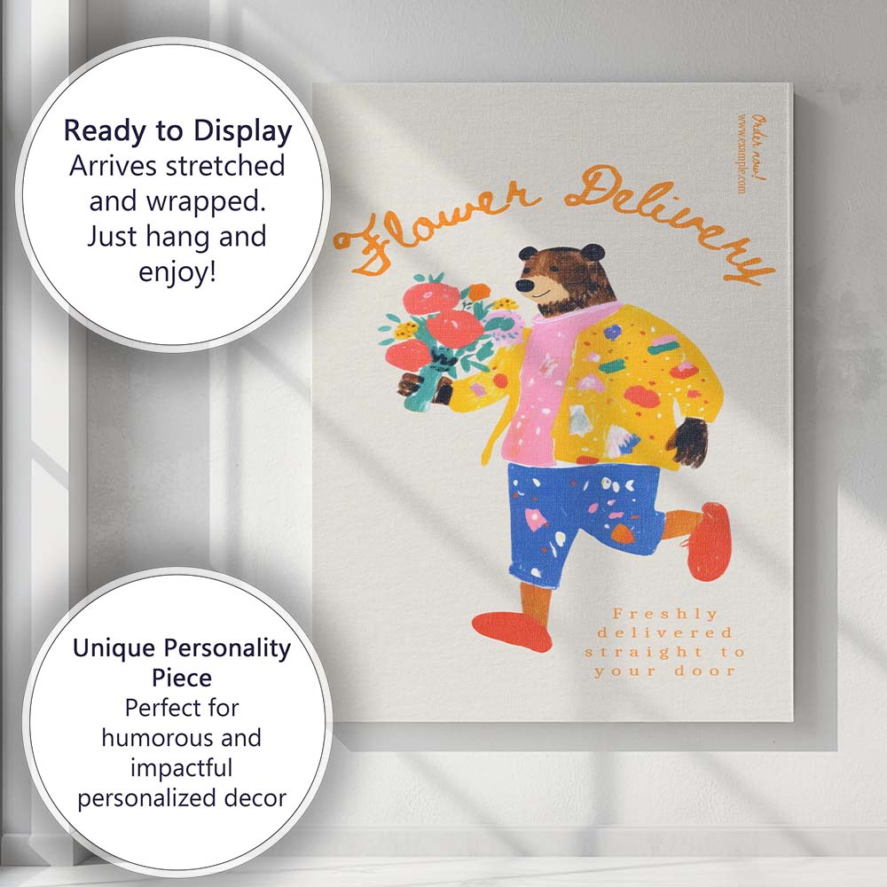 Whimsical Flower Delivery Bear Illustration Canvas Wall Art Print Decor Picture Ready to Hang