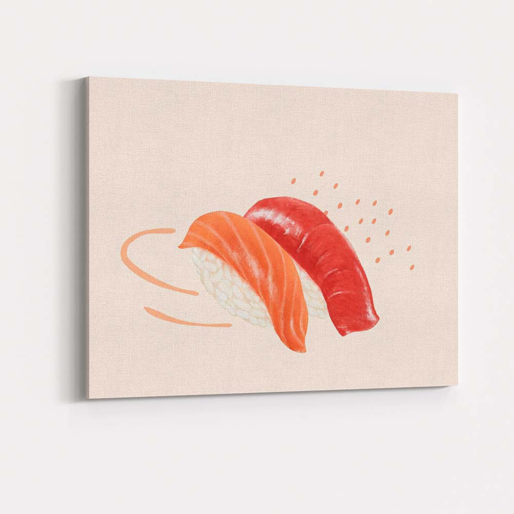 Salmon and Tuna Nigiri Sushi Minimalist Food Illustration Canvas Wall Art Print Decor Picture Ready to Hang