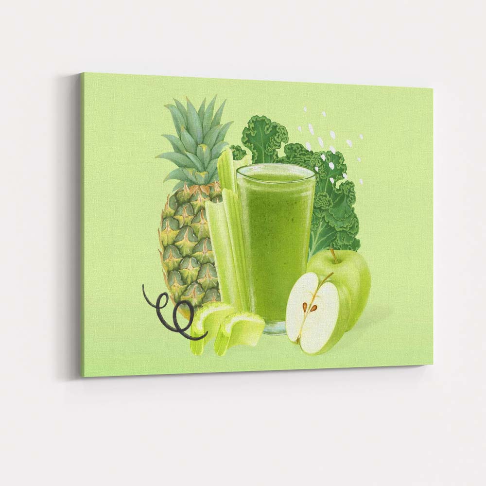 Healthy Green Smoothie Pineapple Apple Kale Watercolour Illustration Canvas Wall Art Print Decor Picture Ready to Hang