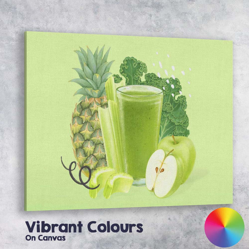 Healthy Green Smoothie Pineapple Apple Kale Watercolour Illustration Canvas Wall Art Print Decor Picture Ready to Hang