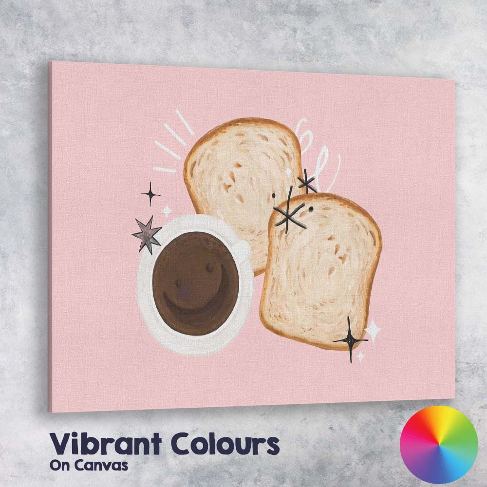 Cute Coffee and Toast Breakfast Illustration Pink Kitchen Canvas Wall Art Print Decor Picture Ready to Hang