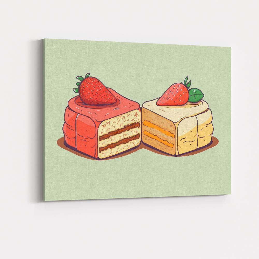 Strawberry Vanilla Layer Cake Slice Dessert Illustration Canvas Wall Art Print Decor Picture Ready to Hang