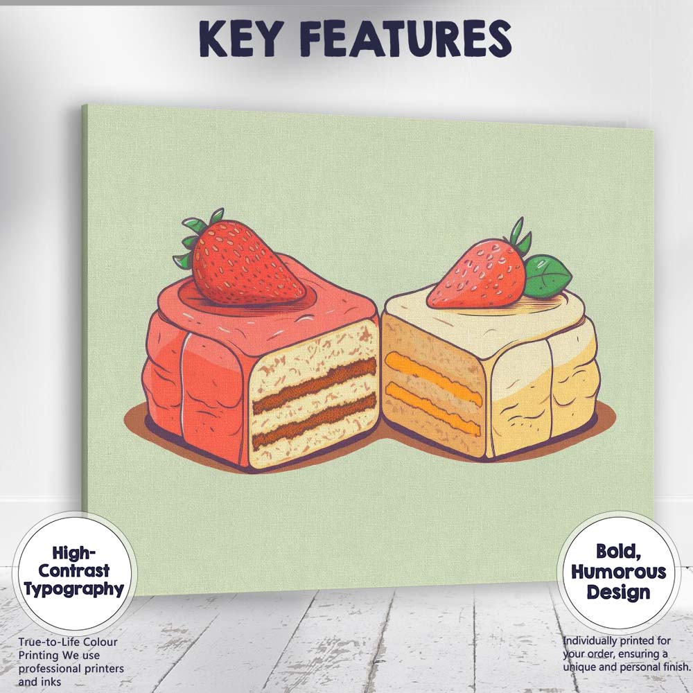 Strawberry Vanilla Layer Cake Slice Dessert Illustration Canvas Wall Art Print Decor Picture Ready to Hang