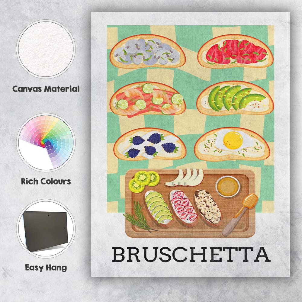 Gourmet Bruschetta Toppings Food Illustration Kitchen Canvas Wall Art Print Decor Picture Ready to Hang