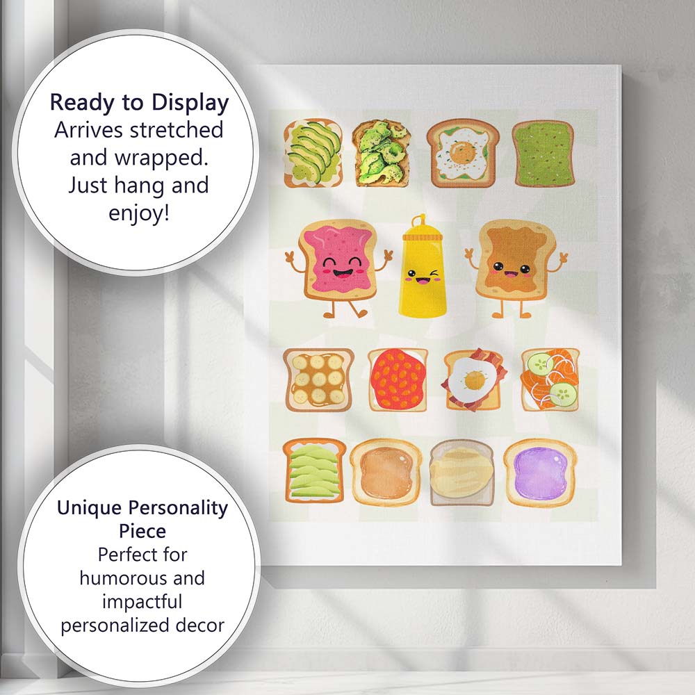 Cute Breakfast Toast Toppings Food Collection Illustration Canvas Wall Art Print Decor Picture Ready to Hang