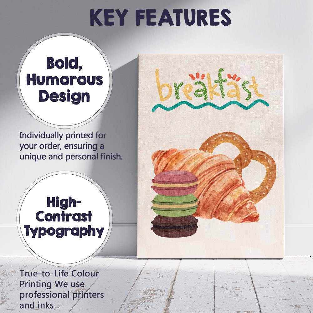 Fresh Breakfast Pastries Croissant Pretzel Macaron Illustration Canvas Wall Art Print Decor Picture Ready to Hang