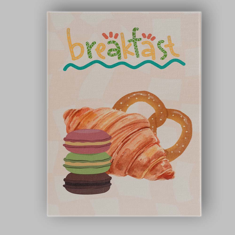 Fresh Breakfast Pastries Croissant Pretzel Macaron Illustration Canvas Wall Art Print Decor Picture Ready to Hang
